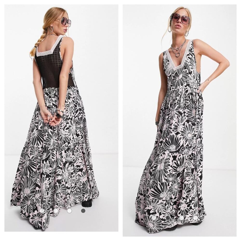 NEW Free People Intimately Tiers To You Maxi Dress Pink/Black Oversized Women XS